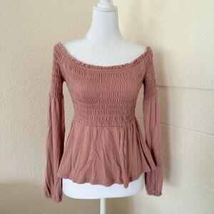 Aeropostale Women's Top Size S Peach Off The Shoulder Long Sleeve Smocked Peplum